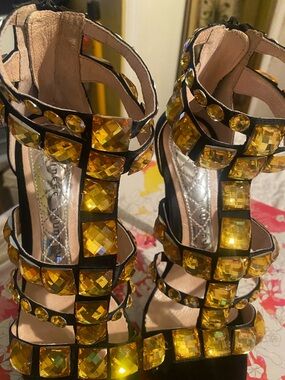 Chinese Laundry Black Strappy Heels with Yellow Gem Embellishments
